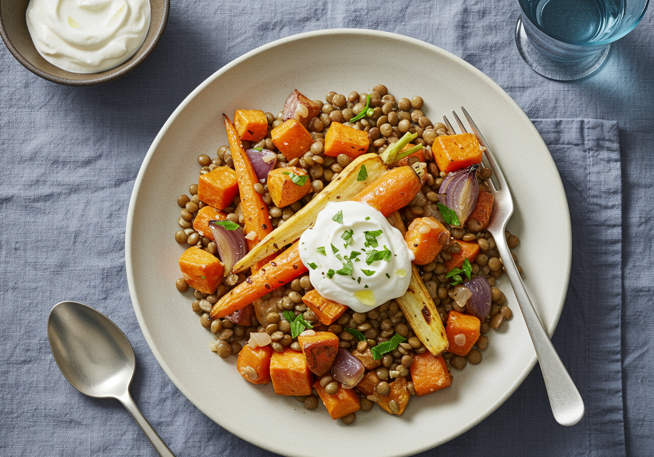 Roasted Root Vegetable and Lentil Medley with Herbed Yogurt