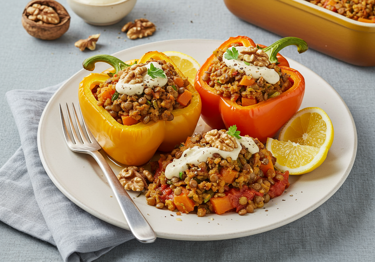 Spiced Lentil & Walnut Stuffed Bell Peppers