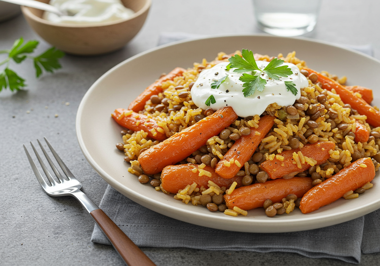 Spiced Lentil and Carrot Pilaf with Herbed Yogurt