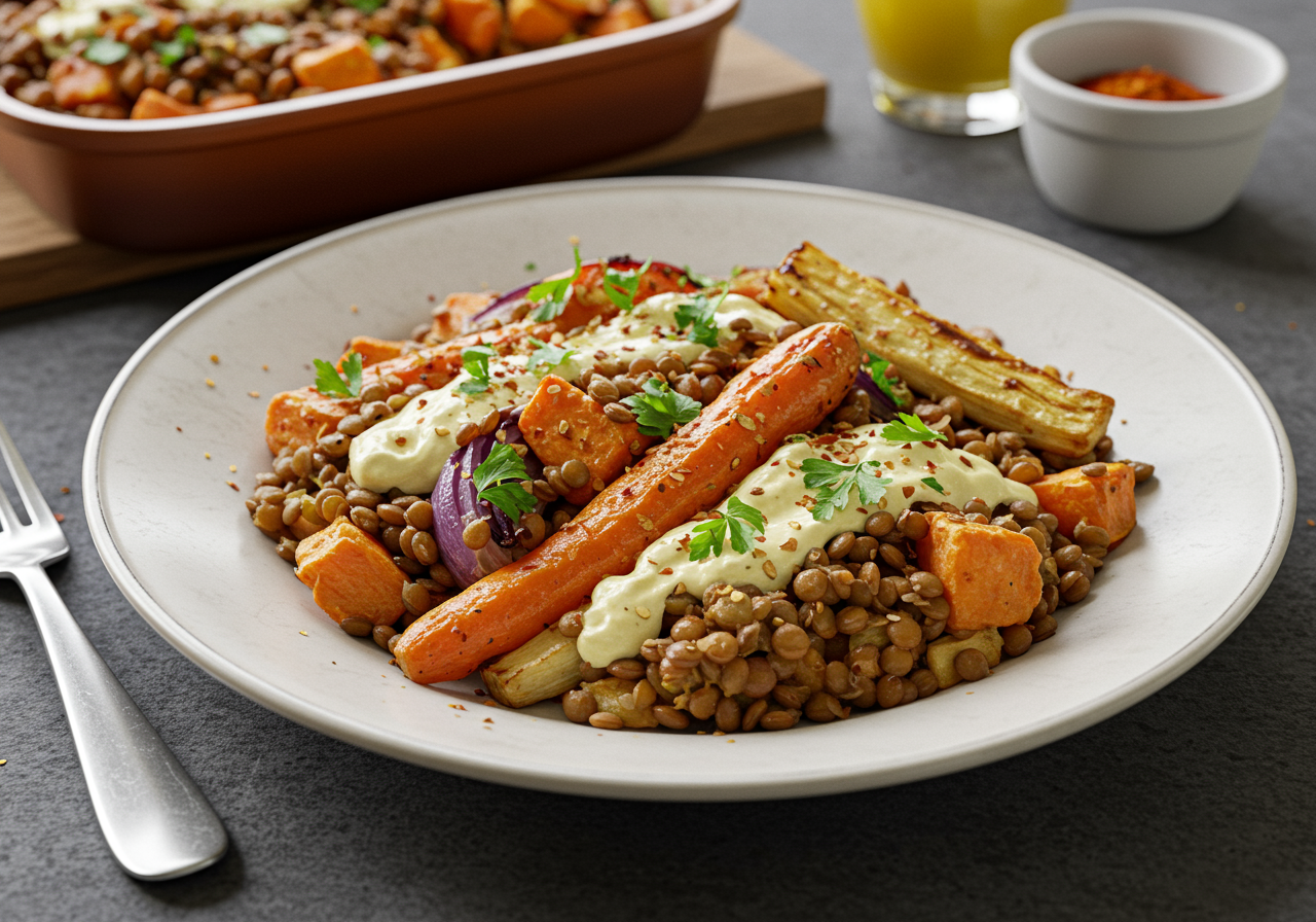 Spiced Lentil and Roasted Root Vegetable Bake