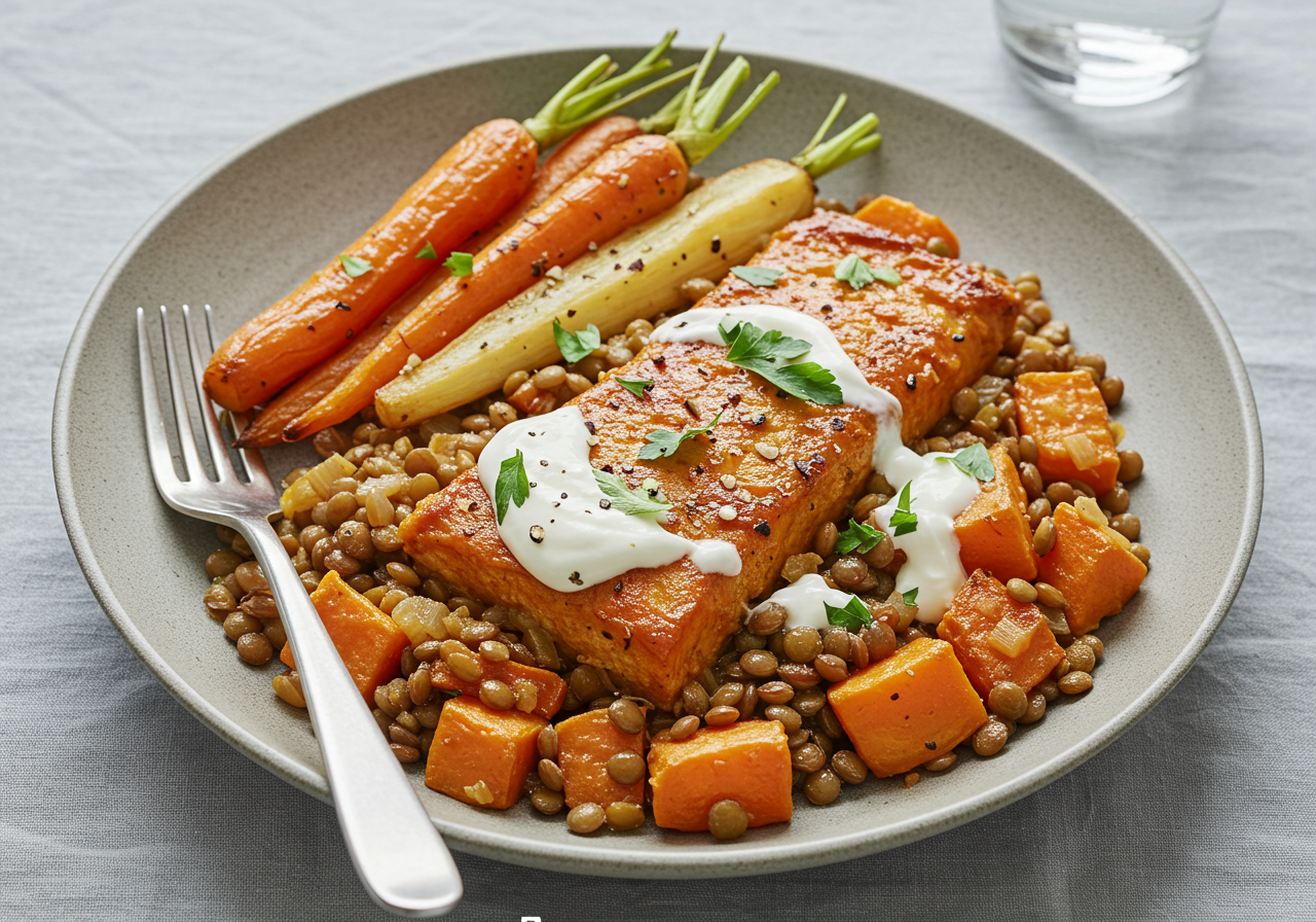 Spiced Lentil and Roasted Root Vegetable Bake