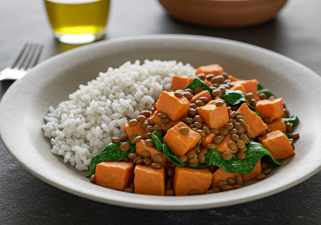 Spiced Lentil and Sweet Potato Stew with Wilted Spinach