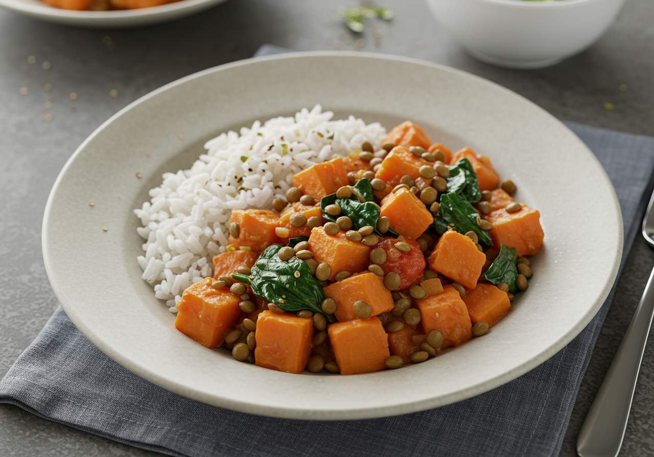 Spiced Lentil and Sweet Potato Stew with Wilted Spinach