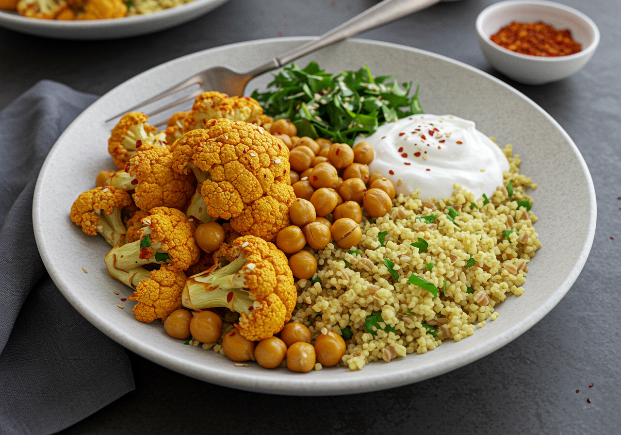 Spiced Roasted Cauliflower & Chickpea Bulgur Bowl