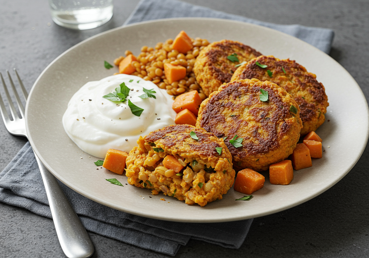 Spiced Sweet Potato & Lentil Patties with Herbed Yogurt Dip