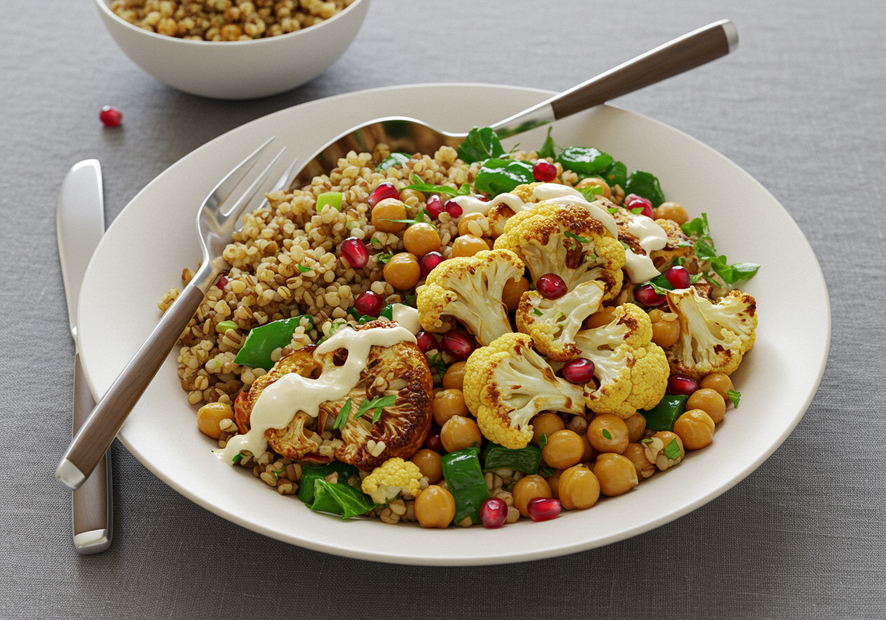 Warm Freekeh & Roasted Cauliflower Salad with Lemon-Tahini Dressing