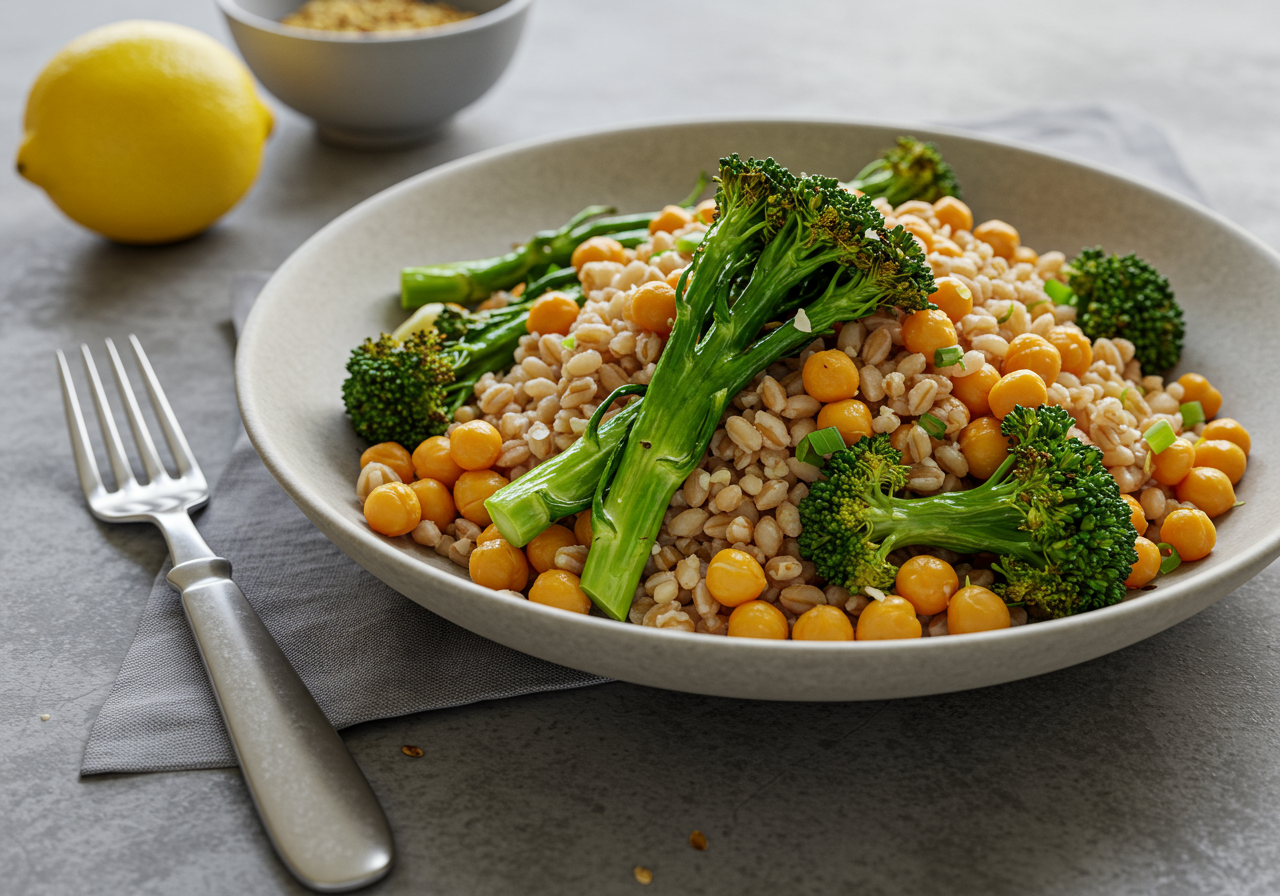 Nourishing Farro Bowl with Roasted Broccoli and Spiced Chickpeas