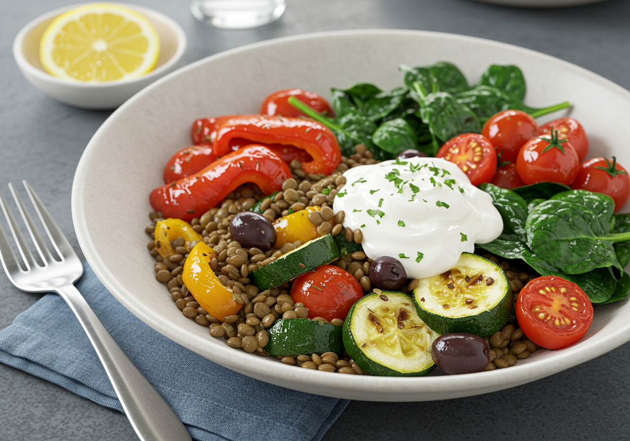 Mediterranean Roasted Vegetable & Lentil Bowl with Lemon-Herb Yogurt