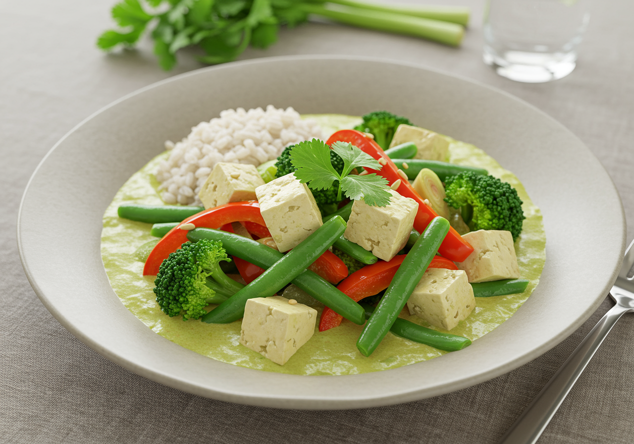 Vibrant Thai Green Curry with Tofu & Garden Vegetables