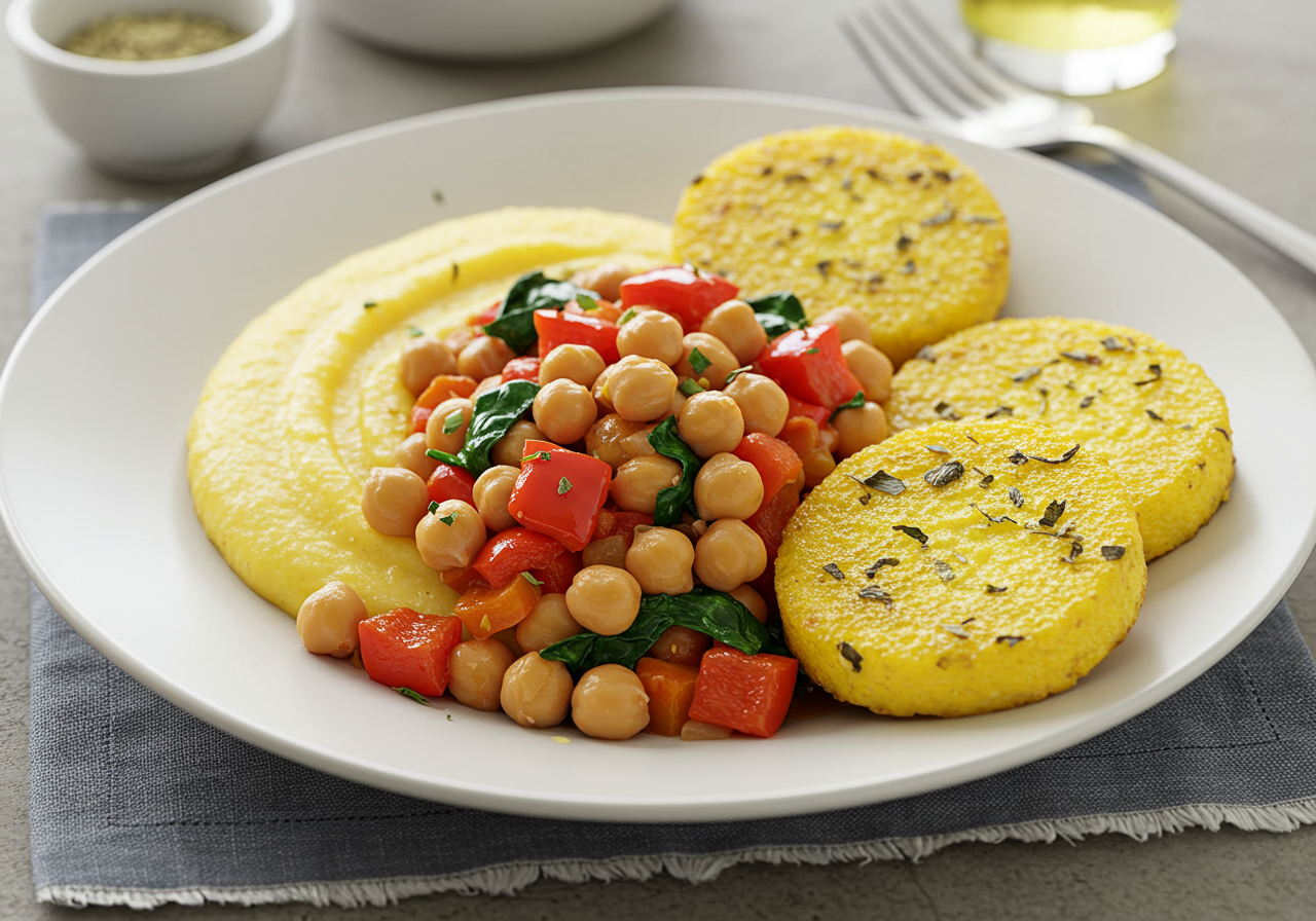 Mediterranean Vegetable & Chickpea Stew with Crispy Herbed Polenta