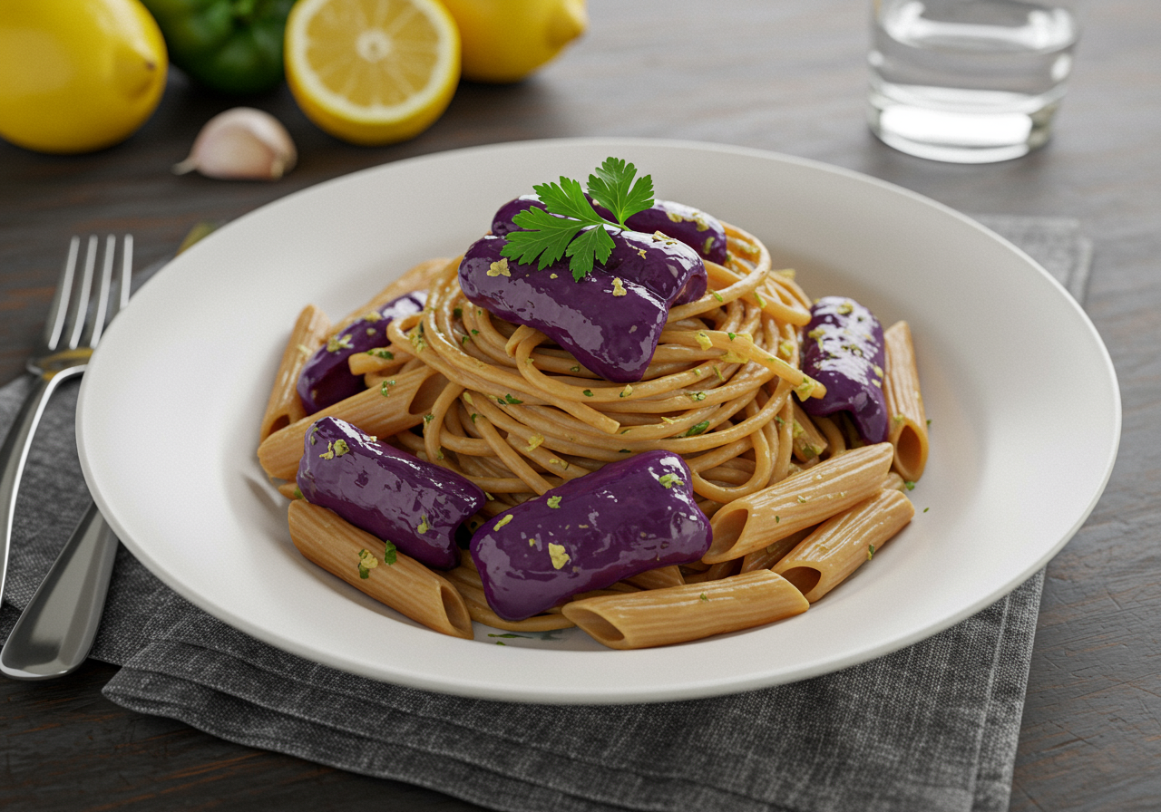 Lemon Garlic Pasta with Roasted Purple Peppers